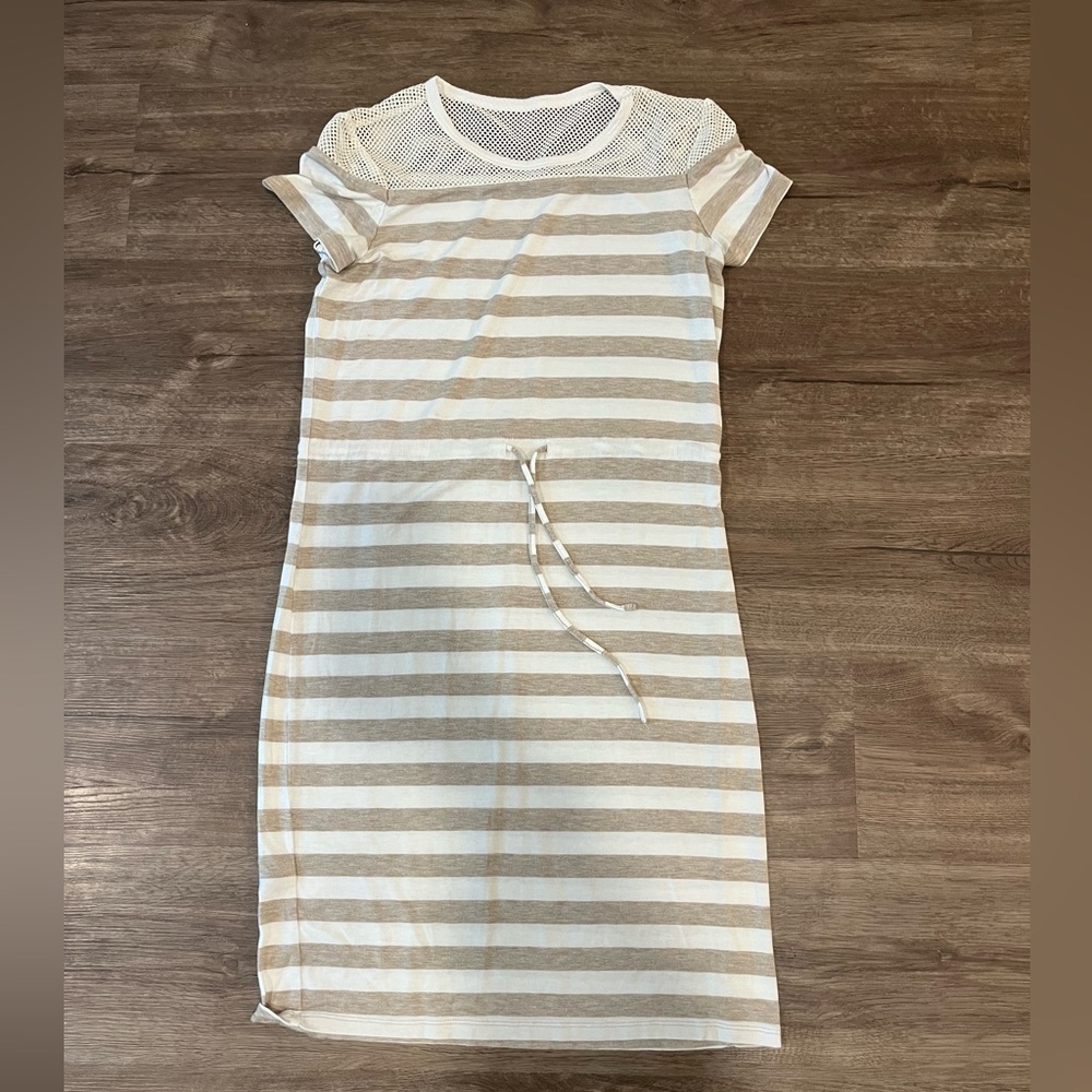 Athleta Striped Tan and White Sinch Waist Casual Dress